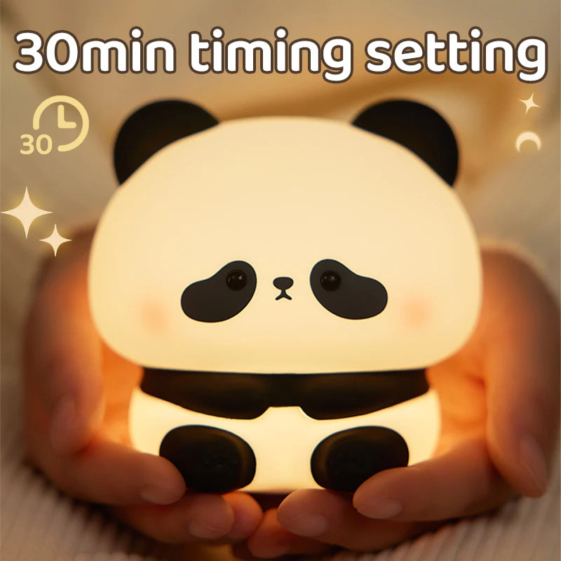 Cute Panda LED Night Light – USB Rechargeable Silicone Bedside Lamp with Timer