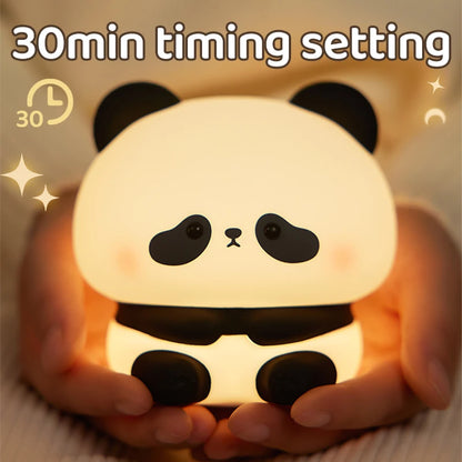 Cute Panda LED Night Light – USB Rechargeable Silicone Bedside Lamp with Timer