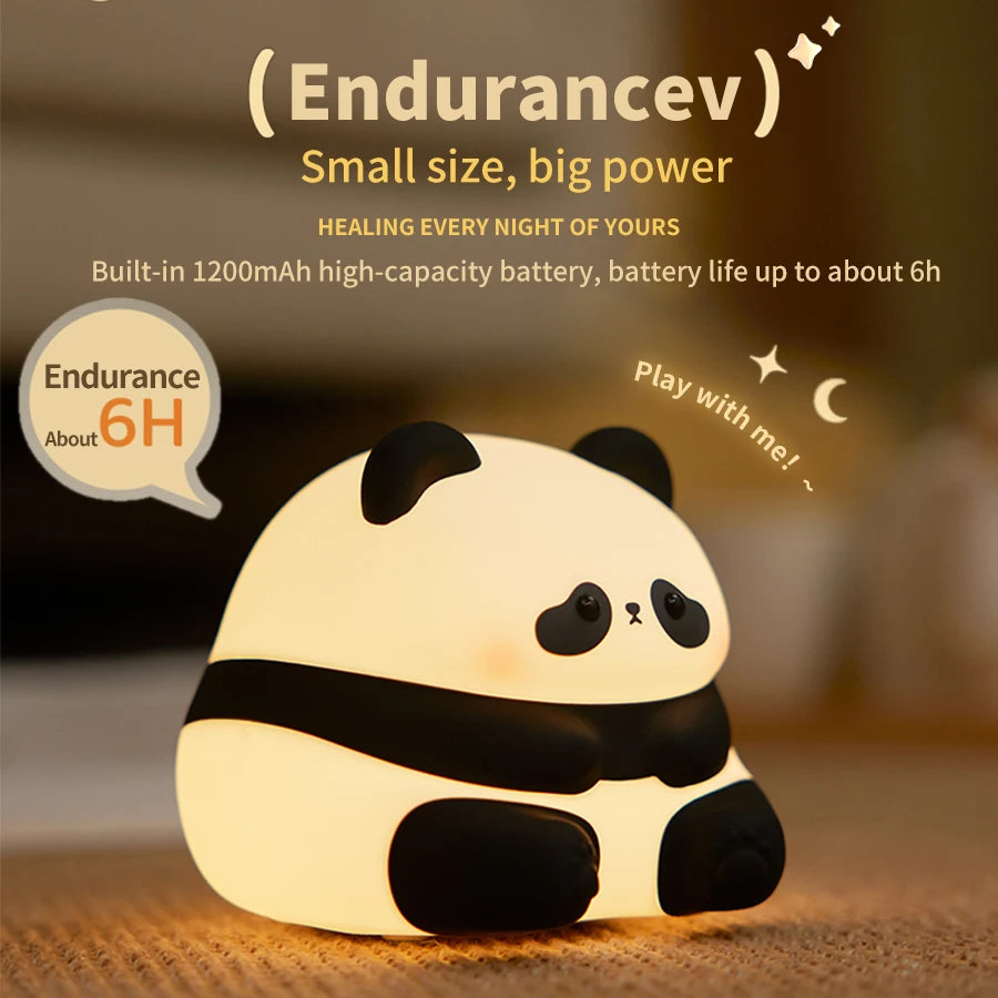 Cute Panda LED Night Light – USB Rechargeable Silicone Bedside Lamp with Timer