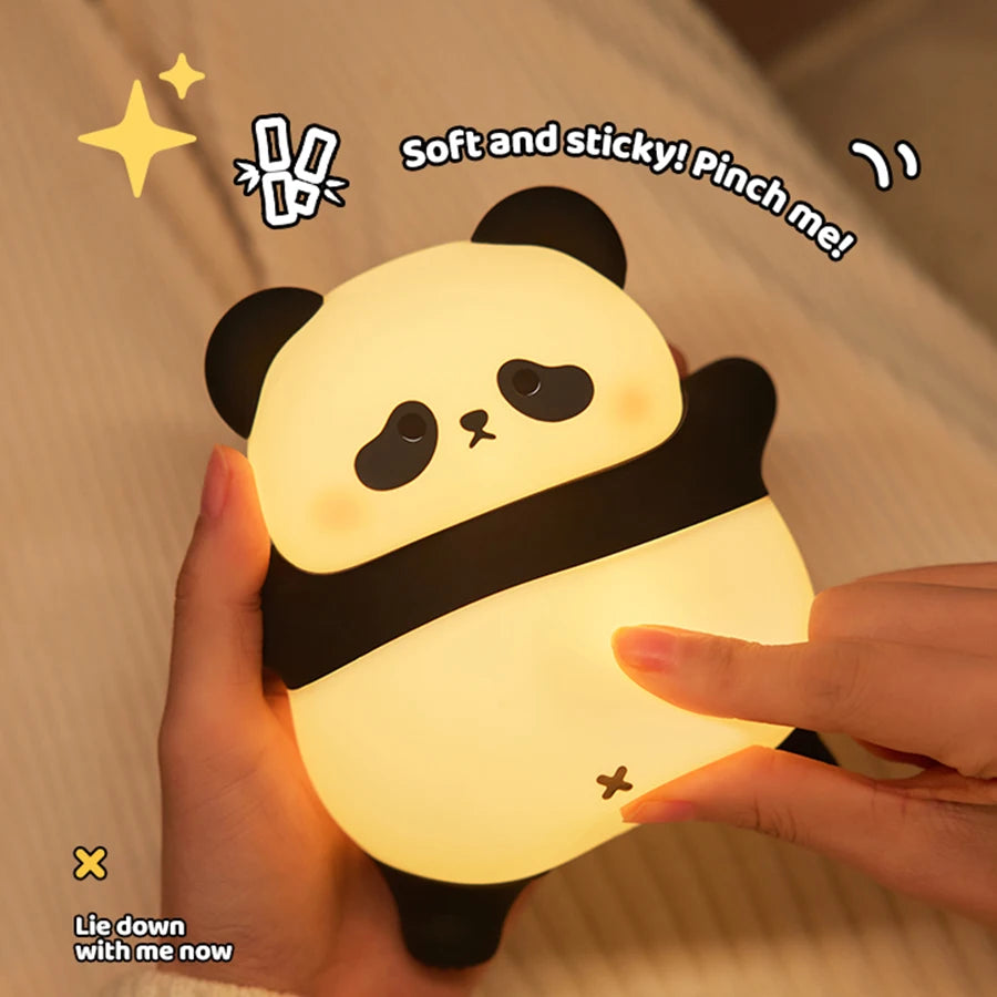 Cute Panda LED Night Light – USB Rechargeable Silicone Bedside Lamp with Timer
