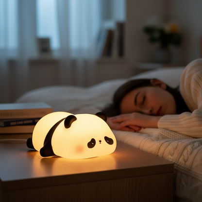 Cute Panda LED Night Light – USB Rechargeable Silicone Bedside Lamp with Timer